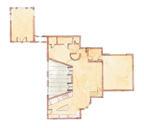 The floor plan of Montgomery’s character-laden, eco-conscious home maps out a colorful living space—punctuated with custom-designed seating—adjacent to the garden room.